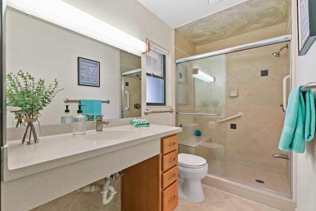 36 Lee Dr, Saint Augustine, FL 32080 - bathroom with tile patterned floors, toilet, a shower stall, and vanity