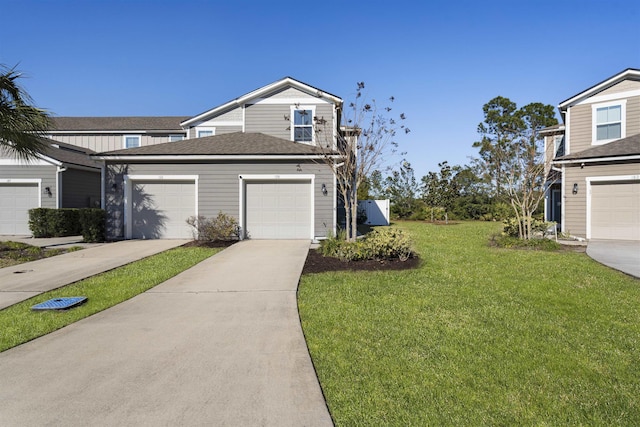 view of side of home featuring a lawn and a garage