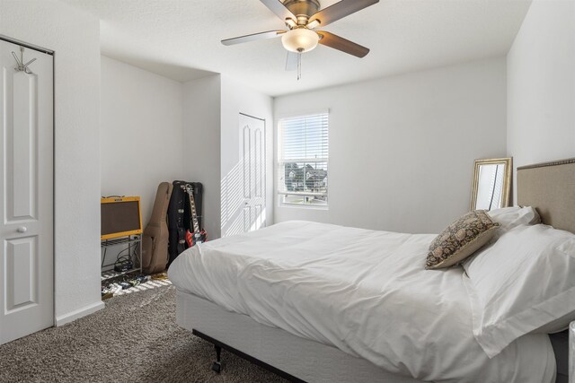 carpeted bedroom with multiple closets and ceiling fan