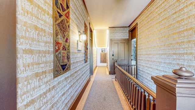 hall with light colored carpet and ornamental molding