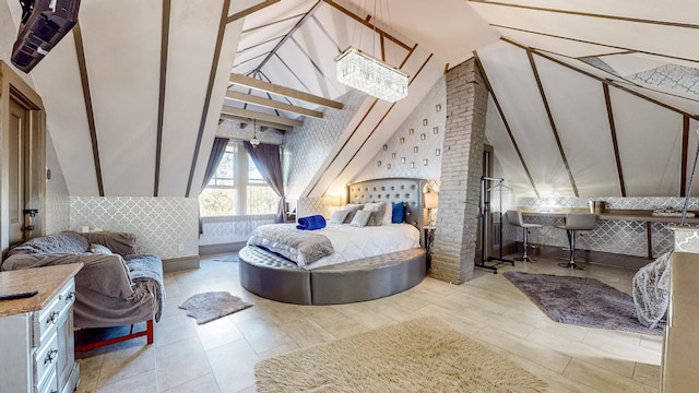 bedroom with high vaulted ceiling