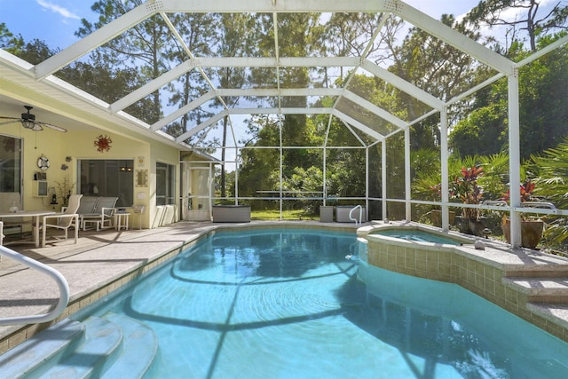 546 Sevilla Dr, Saint Augustine, FL 32086 - view of swimming pool with a patio area, a ceiling fan, a lanai, and a pool with connected hot tub
