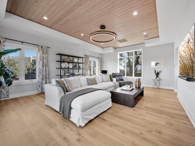 living room with light wood-type flooring, a raised ceiling, and wood ceiling