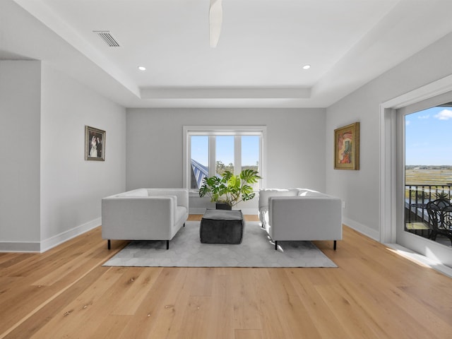 living room with a raised ceiling and light hardwood / wood-style floors