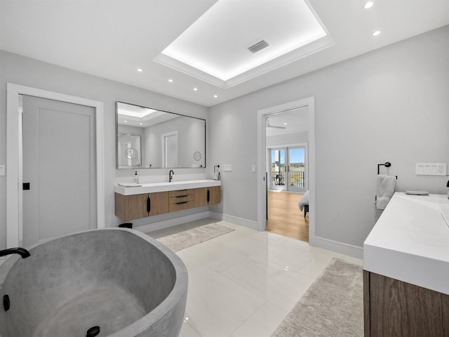 bathroom featuring vanity, a raised ceiling, and a bathing tub