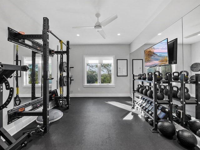 workout area featuring ceiling fan