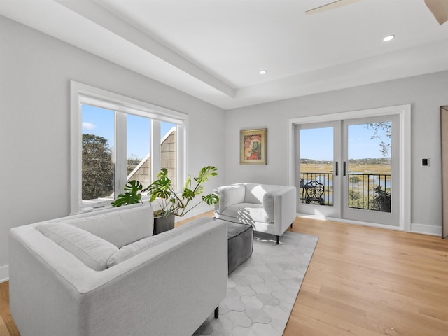 living room featuring light hardwood / wood-style floors, a water view, plenty of natural light, and french doors