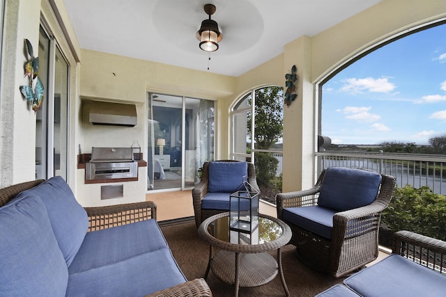 view of patio / terrace featuring ceiling fan, grilling area, a wall mounted AC, a balcony, and a water view