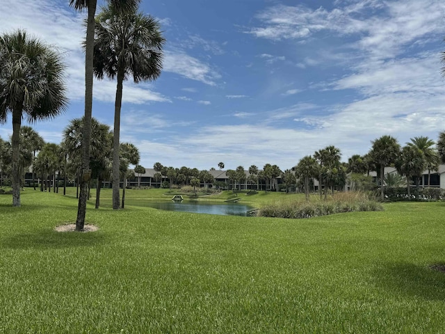 view of community with a water view and a yard