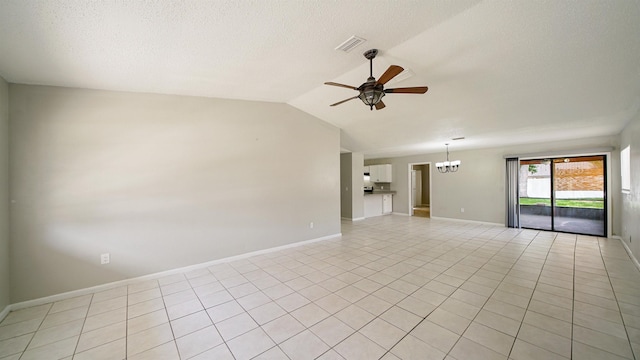 90 Wellshire Ln, Palm Coast, FL 32164 - unfurnished room featuring vaulted ceiling, baseboards, ceiling fan with notable chandelier, and visible vents
