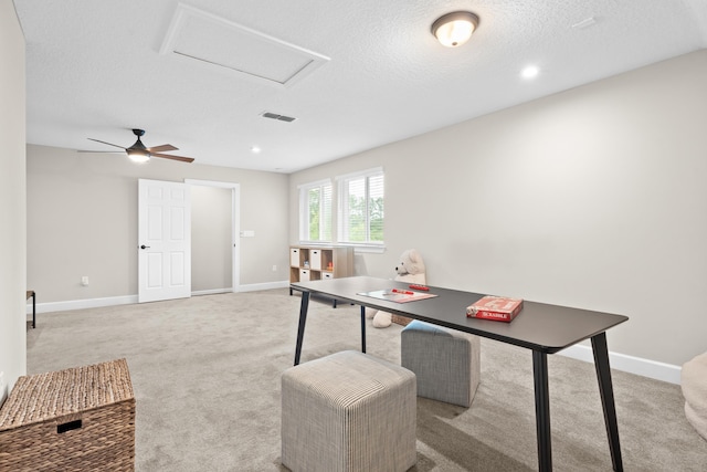 102 Oakhurst Ct, Saint Augustine, FL 32092 - home office with attic access, light colored carpet, baseboards, ceiling fan, and a textured ceiling