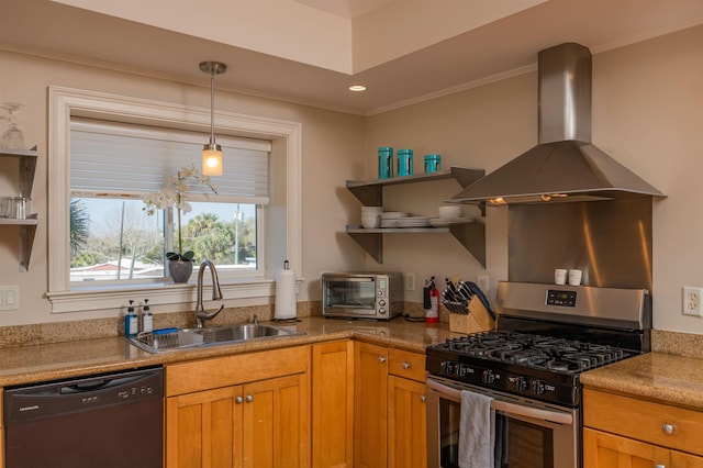 kitchen featuring wall chimney range hood, sink, black dishwasher, ornamental molding, and gas range