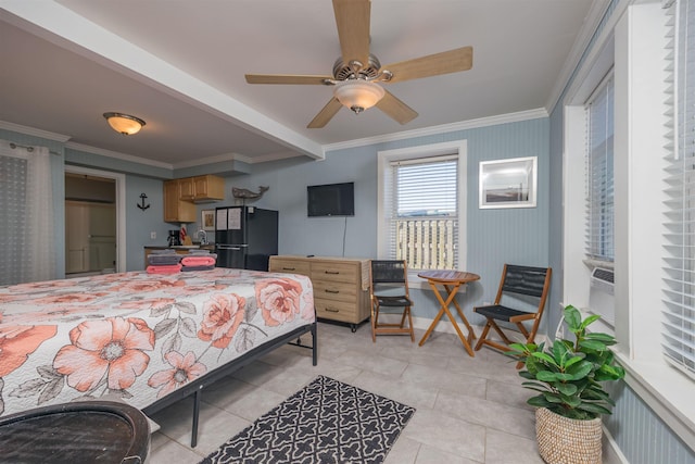 tiled bedroom featuring crown molding, black refrigerator, and cooling unit