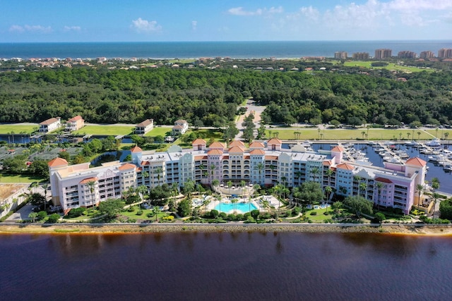 drone / aerial view featuring a water view