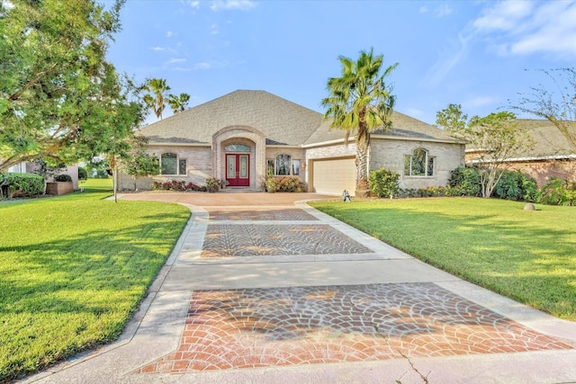 french provincial home with a garage and a front lawn