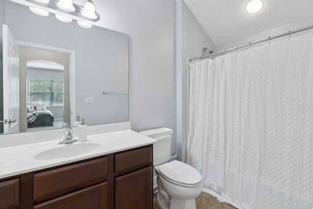 153 Savanna Preserve Ct, Saint Augustine, FL 32095 - bathroom with vanity, ensuite bathroom, toilet, vaulted ceiling, and a textured ceiling