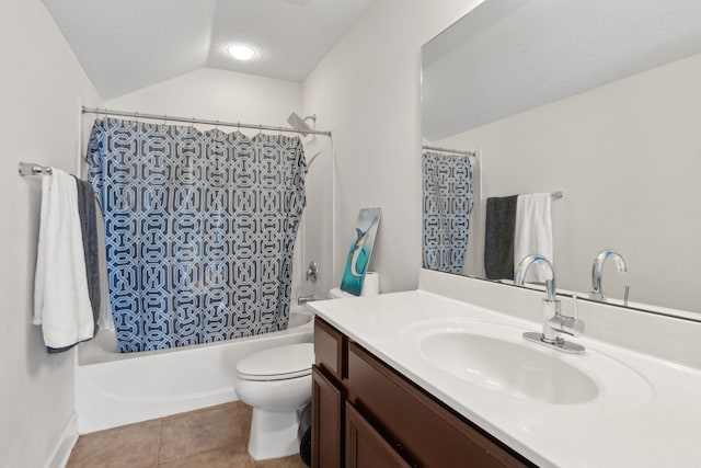 153 Savanna Preserve Ct, Saint Augustine, FL 32095 - bathroom with vanity, toilet, vaulted ceiling, shower / bath combo with shower curtain, and tile patterned flooring