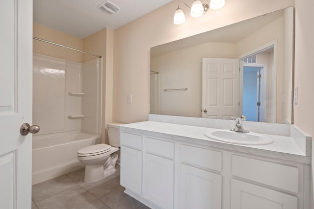 full bathroom with toilet, vanity, tile patterned floors, and shower / washtub combination