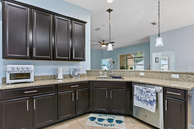 132 Fallen Timber Way, Saint Augustine, FL 32084 - kitchen with dishwasher, light tile patterned floors, pendant lighting, light stone countertops, and a peninsula