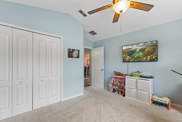 132 Fallen Timber Way, Saint Augustine, FL 32084 - game room featuring vaulted ceiling, carpet floors, and a ceiling fan