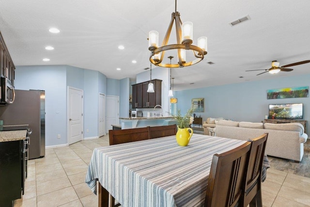 132 Fallen Timber Way, Saint Augustine, FL 32084 - dining area with a chandelier, light tile patterned floors, a ceiling fan, recessed lighting, and lofted ceiling