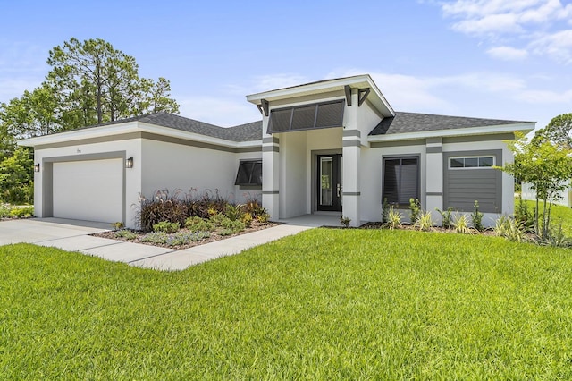 1 Clementon Ln, Palm Coast, FL 32137 - view of front of house with stucco siding, roof with shingles, a garage, and a front lawn