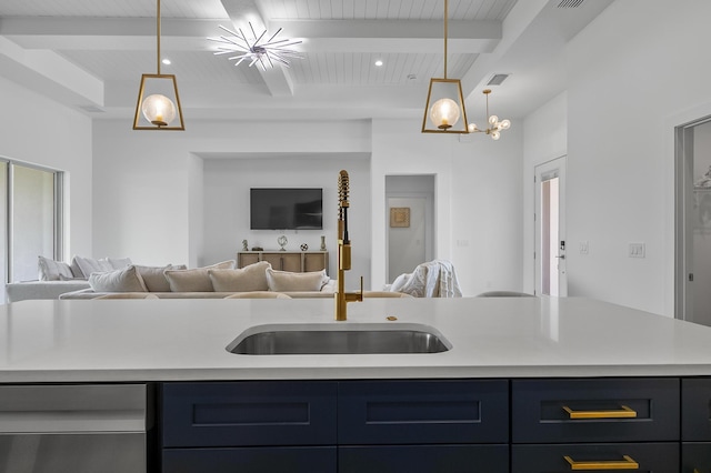1 Clementon Ln, Palm Coast, FL 32137 - kitchen featuring open floor plan, light countertops, pendant lighting, a wooden ceiling with exposed beams, and blue cabinets