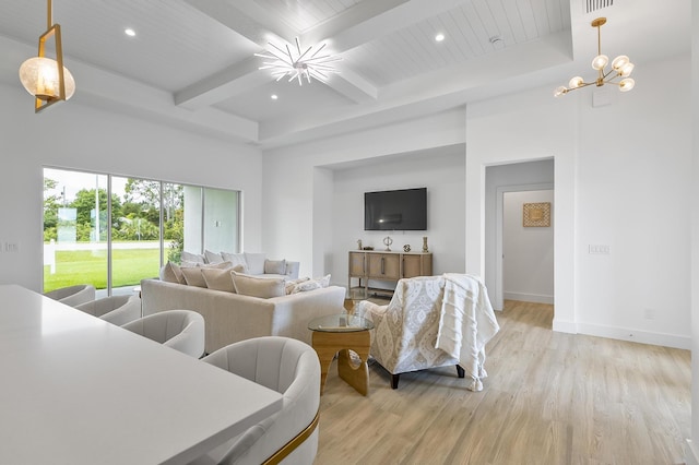1 Clementon Ln, Palm Coast, FL 32137 - living area with light wood finished floors, beam ceiling, recessed lighting, a chandelier, and coffered ceiling
