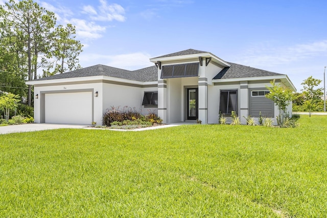 1 Clementon Ln, Palm Coast, FL 32137 - prairie-style house featuring an attached garage, stucco siding, a shingled roof, concrete driveway, and a front lawn