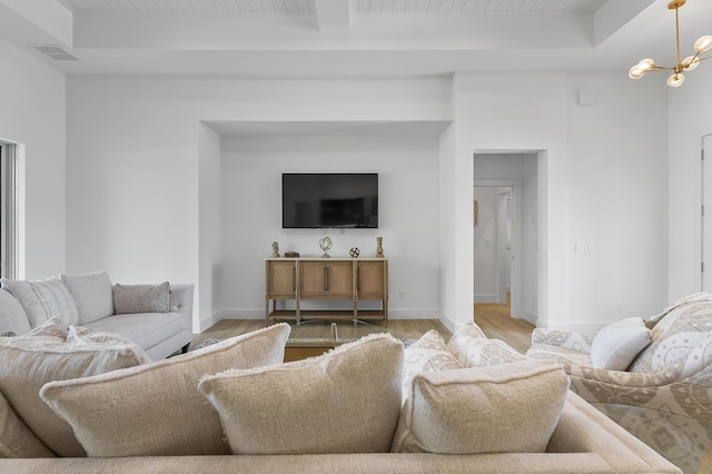 1 Clementon Ln, Palm Coast, FL 32137 - living room with light wood-type flooring, a chandelier, and a wood ceiling with exposed beams