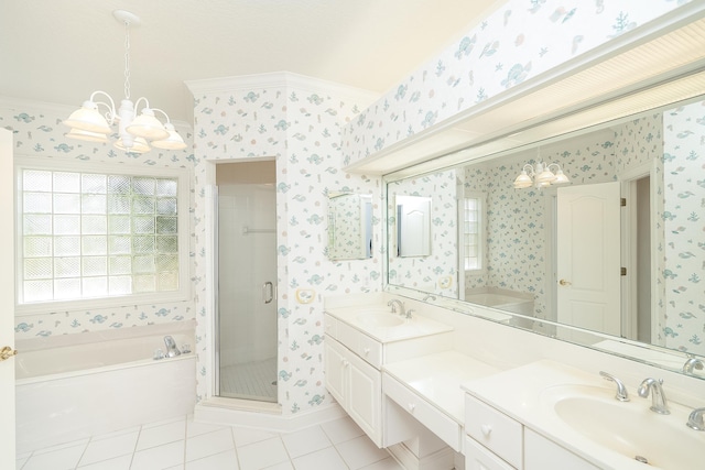 bathroom with vanity, tile patterned floors, crown molding, separate shower and tub, and a chandelier