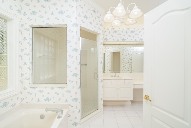 bathroom with vanity, plus walk in shower, tile patterned floors, crown molding, and a notable chandelier