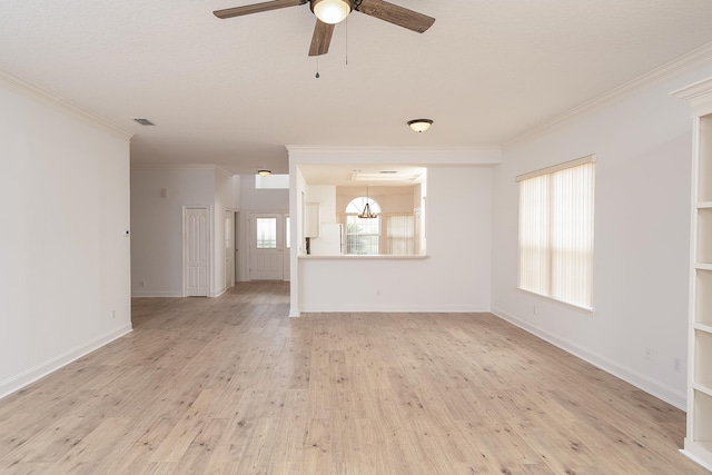 unfurnished living room featuring a textured ceiling, light hardwood / wood-style flooring, ceiling fan, and ornamental molding