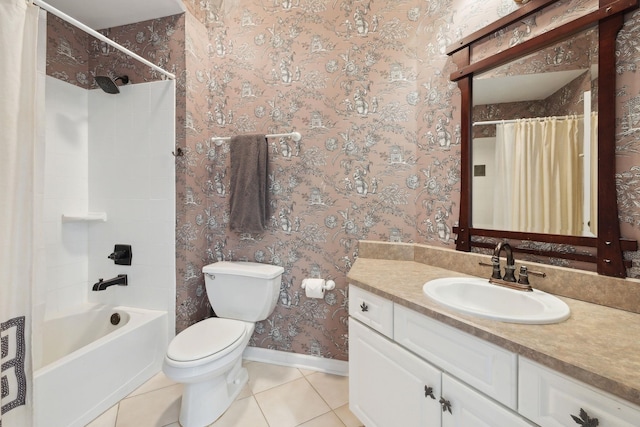 full bathroom with tile patterned flooring, vanity, shower / tub combo with curtain, and toilet