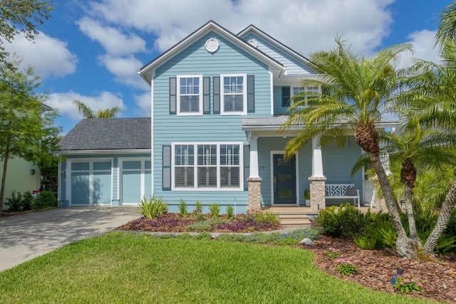 517 Weeping Willow Ln, Saint Augustine, FL 32080 - view of front of home featuring covered porch, an attached garage, driveway, a front yard, and a standing seam roof