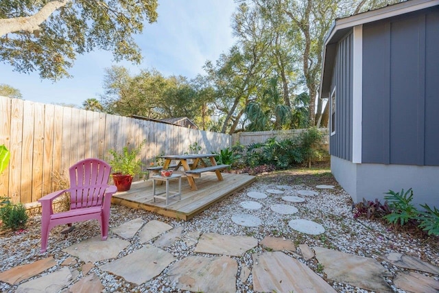 view of patio with a fenced backyard and a wooden deck