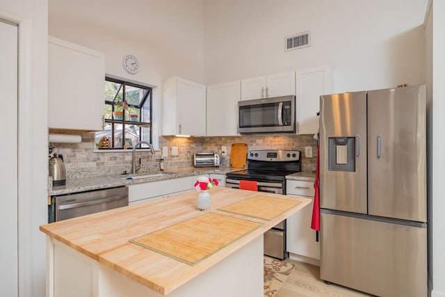 kitchen featuring tasteful backsplash, visible vents, appliances with stainless steel finishes, white cabinetry, and a sink