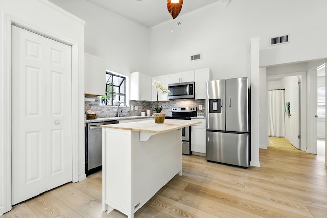 1684 Leon St, Saint Augustine, FL 32080 - kitchen featuring appliances with stainless steel finishes, a towering ceiling, wood counters, backsplash, and white cabinets