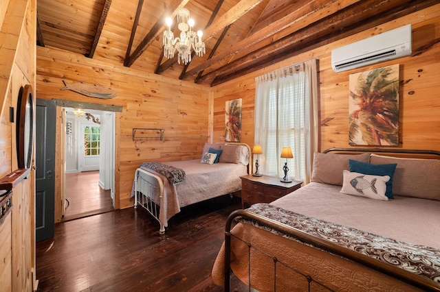 73 Kings Ferry Way, Saint Augustine, FL 32084 - bedroom featuring a notable chandelier, a wall mounted AC, dark wood-style floors, wood walls, and wood ceiling