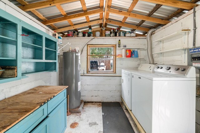 73 Kings Ferry Way, Saint Augustine, FL 32084 - laundry room featuring water heater, laundry area, independent washer and dryer, and concrete block wall