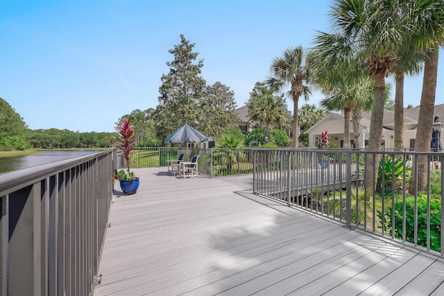 wooden terrace with a water view