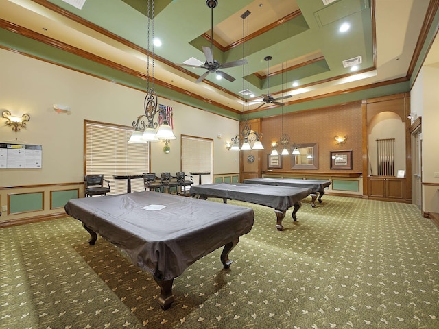 playroom with carpet, billiards, a decorative wall, and crown molding