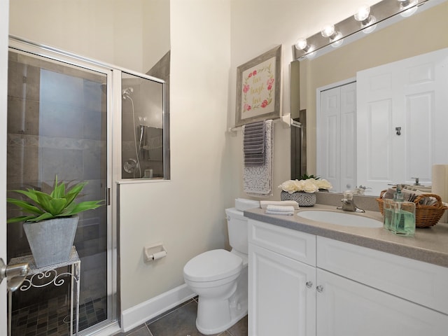 bathroom featuring a stall shower, toilet, tile patterned floors, vanity, and a closet