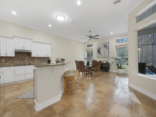 kitchen with black electric stovetop, under cabinet range hood, white cabinets, decorative backsplash, and a kitchen bar