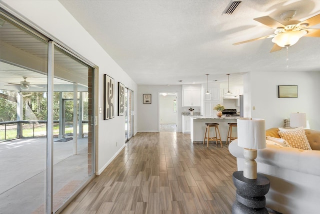 living room with ceiling fan, light hardwood / wood-style floors, and a textured ceiling