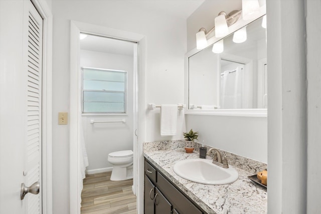 bathroom featuring vanity, toilet, and wood-type flooring