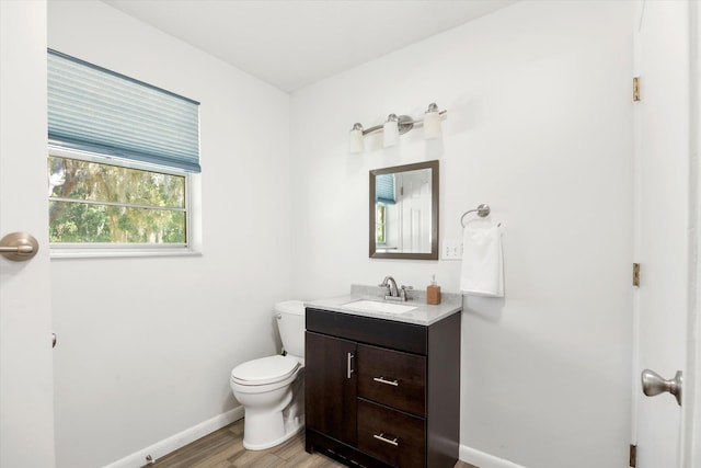 bathroom with vanity, toilet, and wood-type flooring