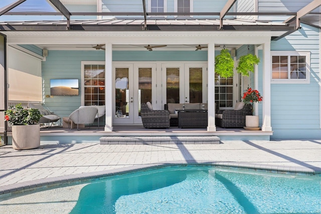 104 Fiddler Crab Ln, Saint Augustine, FL 32080 - swimming pool with french doors, ceiling fan, and a patio area