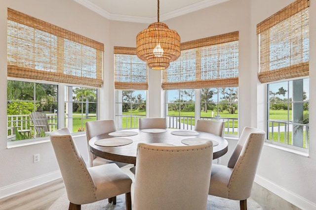 104 Fiddler Crab Ln, Saint Augustine, FL 32080 - dining space with wood finished floors, a chandelier, and ornamental molding