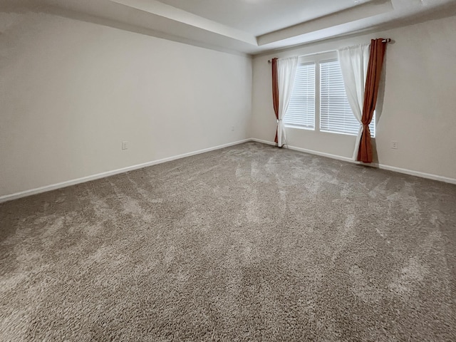 carpeted spare room featuring a tray ceiling